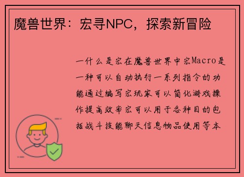 魔兽世界：宏寻NPC，探索新冒险